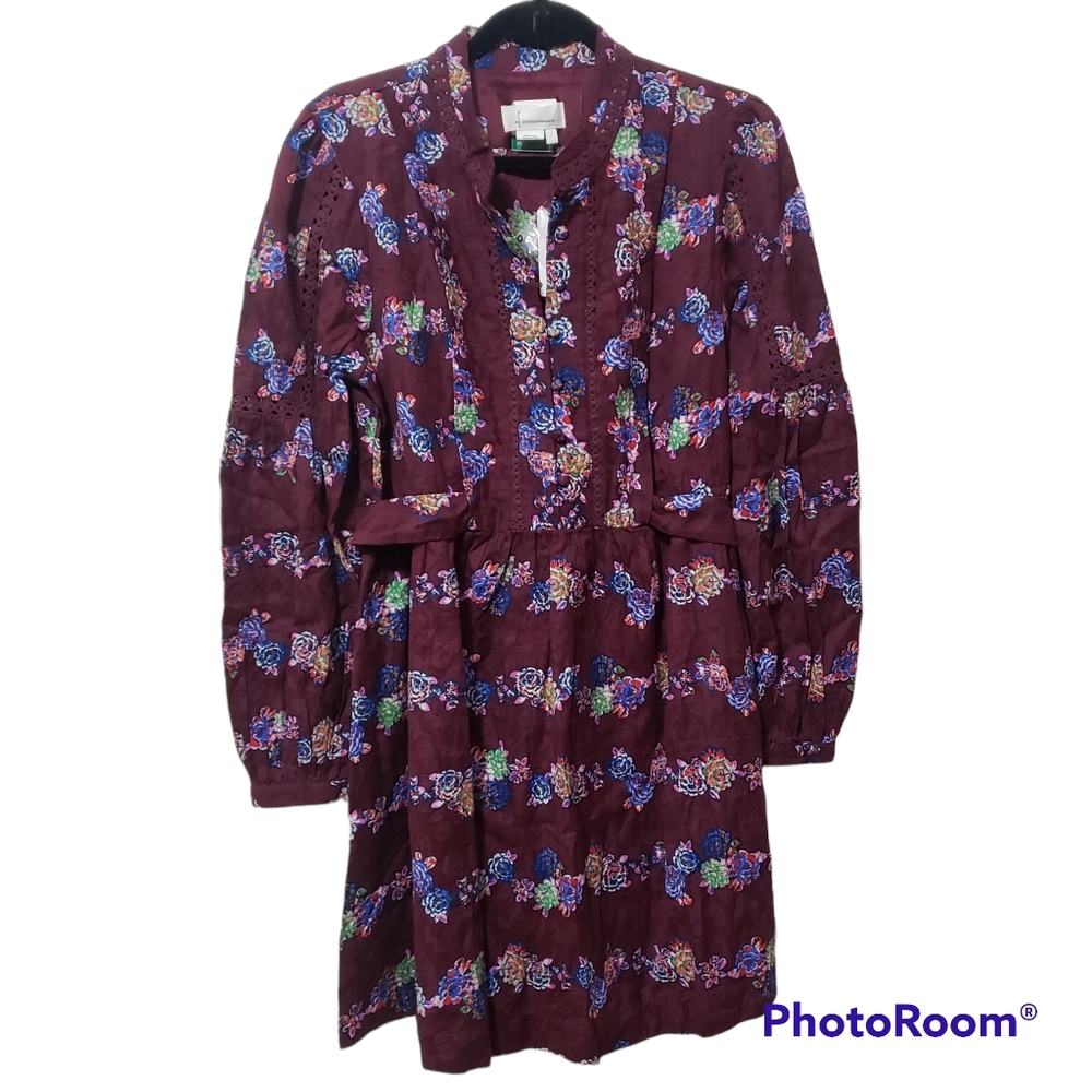 Anthropologie Burgundy Floral Mini Dress Boho Hippie Large
